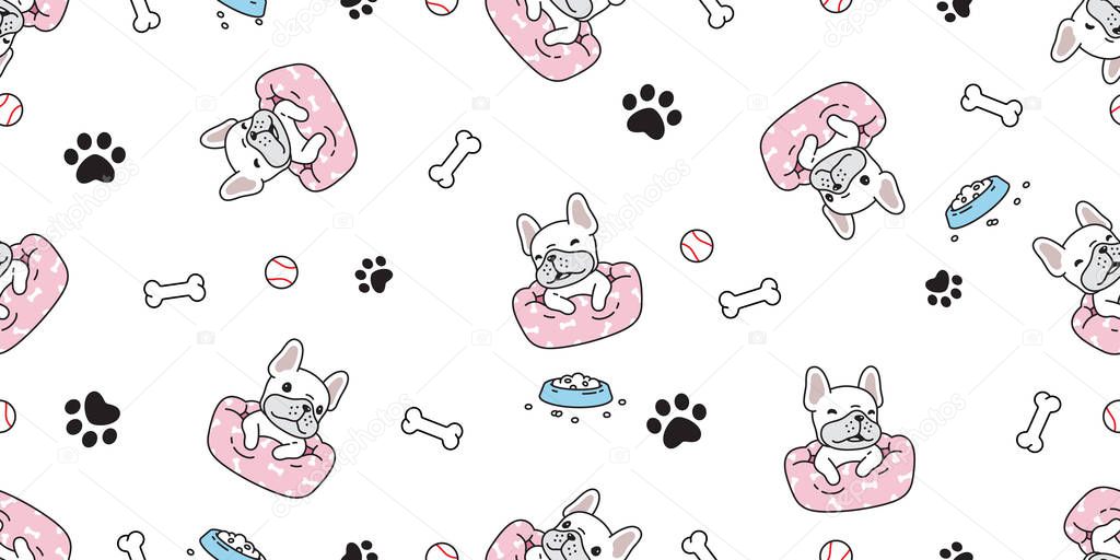 dog seamless pattern french bulldog vector footprint paw bone bed scarf isolated cartoon repeat background tile wallpaper illustration white design