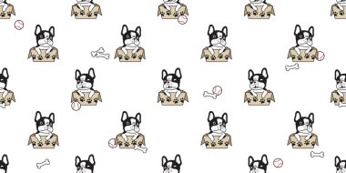 Köpeğin kusursuz desenli Fransız buldog vektör ayak izi patisi beyzbol oyuncağı oyuncak kutusu eşarbı izole edilmiş çizgi film arka plan fayans duvar kağıdı çizimi beyaz tasarım