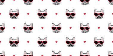 Köpeğin kusursuz desenli Fransız Buldog Sevgililer Günü vektör kalp güneş gözlüğü eşarbı tecrit edilmiş Duvar kağıdı döşeme arka plan çizgi filmi yavru köpek kafası karalama resmi beyaz tasarım