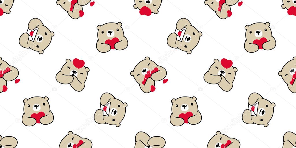 Bear seamless pattern heart valentine vector polar bear teddy cartoon scarf isolated repeat wallpaper tile background illustration doodle brown design