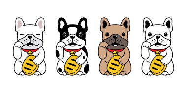köpek vektörü fransız bulldog şanslı kedi japan Maneki Neko ikon yavru köpek çizgi film karakteri çizim çizimi