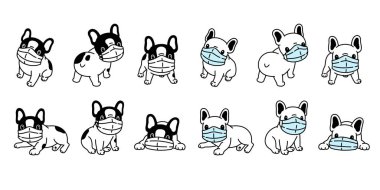 Köpek vektör maskesi covid-19 Fransız buldog coronavirus virüsü pm 2.5 ikon Teddy logo sembolü karikatür çizim tasarımı