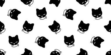 Kedi desensiz kedi yavrusu balık vektörü yiyordu. Evcil hayvan eşarbı yalıtılmış. Arka plan karikatür karikatür karton karalama, karalama, siyah tasarım.