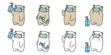 Ayı vektör maskesi covid-19 kutup ayısı koronavirüs virüs ikonu alkol Teddy logo sembolü çizgi film çizimi tasarımı