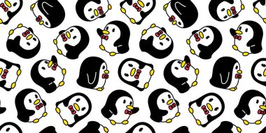 Penguen desensiz kuşlu papyon vektör karikatür eşarp izole fayans arka plan Duvar kağıdı çizim tasarımı tekrarla