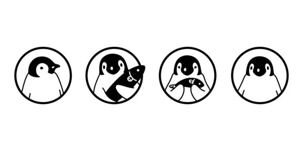 Penguen Vektör Kuş Simgesi Logo Balığı Çizgi Film Karakteri Çizim — Stok Vektör