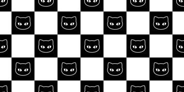 Kedi pürüzsüz desenli kedi yavrusu vektör calico hayvan eşarbını kontrol etti. Arka plan karikatür karikatür duvar kâğıdı karalama çizimi siyah tasarım.