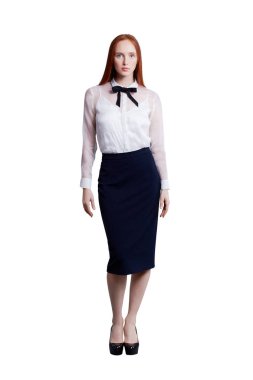 Ofis kıyafet modern stil giyen Kızıl saçlı güzel genç sıska modeli