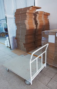 Üretim etiketleri ile dolu kutular içinde güzel parlak küçük fabrika kargo için hazırlanır
