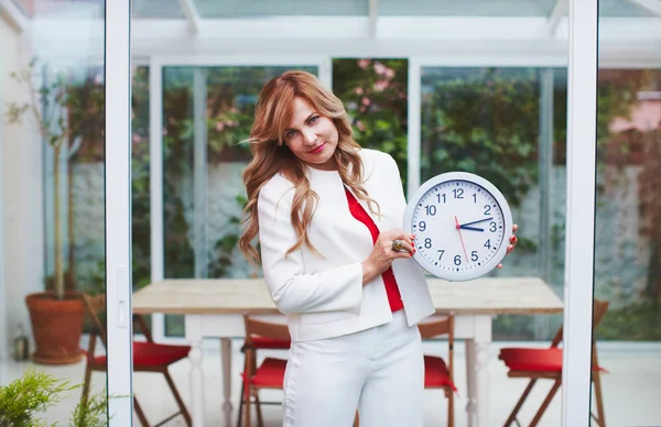 Woman with clock time management and biological time concept — Stock Photo, Image