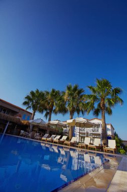 Havuzda şemsiye şezlong ile küçük otel rahatlatıcı ve avuç içi ile çevrili