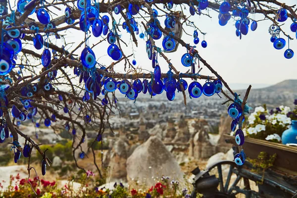 Tree with amulets on hill with Cappadocia view in Turkey — Stock Photo, Image