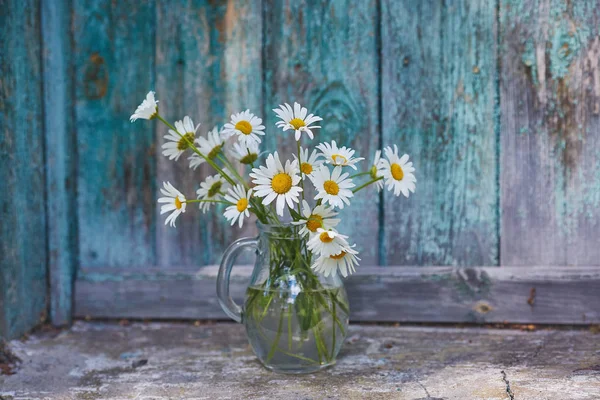 Charming still life with copy space chamomilles and daisies in water on wood background — Stock Photo, Image
