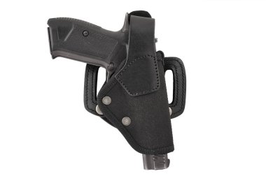 Bir taktik deri tabanca kılıfı tabancada. İzole