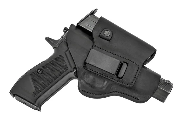 The gun in a tactical leather holster. Isolated — Stock Photo, Image