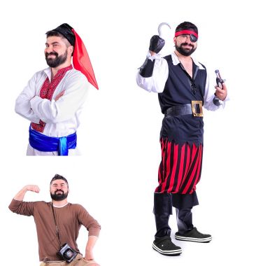 Kolaj üç fotoğraf izole: gülen, yakın çekim portre