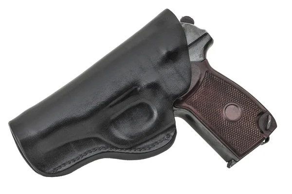 Molded leather holster with handgun. Isolated — Stock Photo, Image