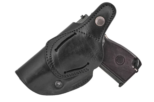 Molded leather holster with handgun. Isolated — Stock Photo, Image