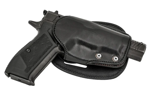 Molded leather holster with handgun. Isolated — Stock Photo, Image