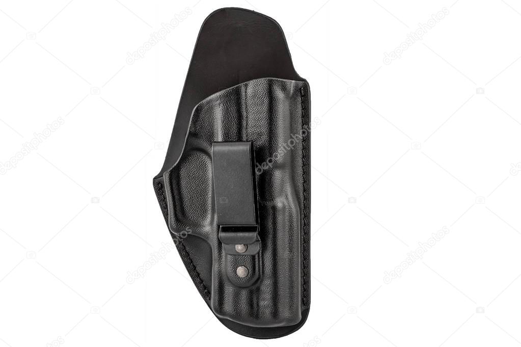 Molded leather holster without handgun. Isolated