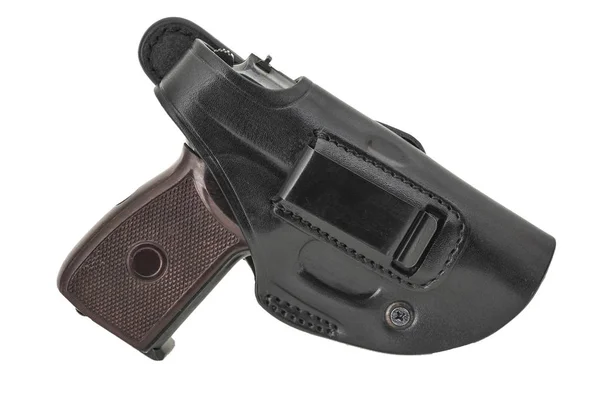 Molded leather holster with handgun. Isolated — Stock Photo, Image