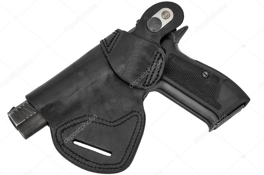 Molded leather holster with handgun. Isolated