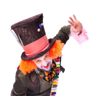 Mad Hatter's farklı yüz duygular. Yakın çekim portre animatör çeşitli tiyatro rolleri. Duygusal ve renkli