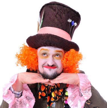 Mad Hatter's farklı yüz duygular. Yakın çekim portre gülümseyen ve animatör çeşitli tiyatro rolleri etrafında kandıramazsın. Çeneye kadar pervane hayal