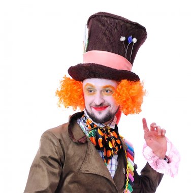 Mad Hatter's farklı yüz duygular. Yakın çekim portre gülümseyen ve animatör çeşitli tiyatro rolleri etrafında kandıramazsın. Duygusal ve renkli. Gülümseme