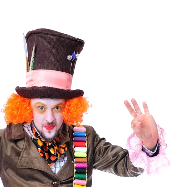 Mad Hatter's farklı yüz duygular. Yakın çekim portre gülümseyen ve animatör çeşitli tiyatro rolleri etrafında kandıramazsın. Eller yukarıda