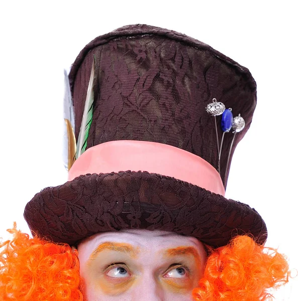 Mad hatter's different facial emotions. Close-up portrait of smiling and fooling around animator in various theater roles. Hiding — Stock Photo, Image