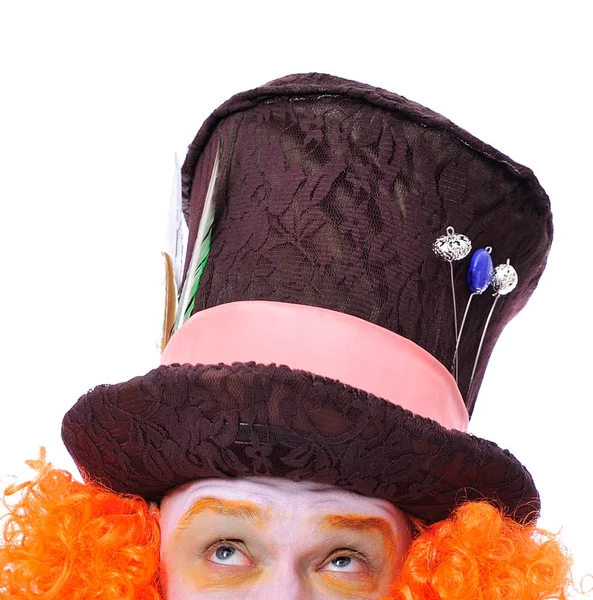 Mad hatter's different facial emotions showed with eyes only. Close-up portrait of smiling and fooling around animator in various theater roles. — Stock Photo, Image