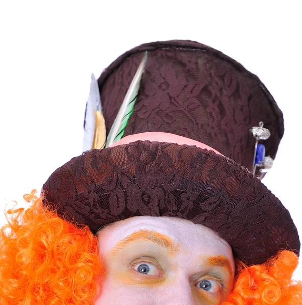 Mad hatter's different facial emotions. Very close-up portrait of smiling and fooling around animator in various theater roles. — Stock Photo, Image