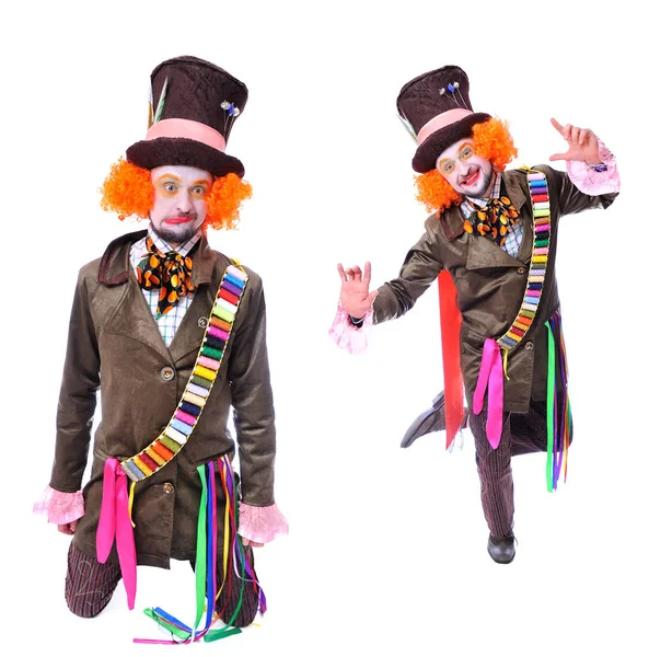 Collage van enkele foto's. Mad hatter's verschillende gezichts emoties. Geknield en dansen — Stockfoto