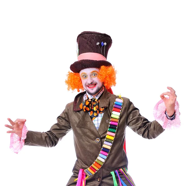 Mad hatter's different facial emotions. Close-up portrait of smiling and fooling around animator in various theater roles. A dance — Stock Photo, Image