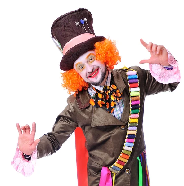 Mad hatter's olika facial känslor. Närbild porträtt av leende och fipplat animatör i olika teater roller. Dansar och ler — Stockfoto