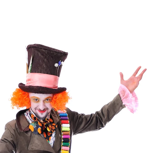 Mad hatter's different facial emotions. Close-up portrait of smiling and fooling around animator in various theater roles. Posing — Stock Photo, Image