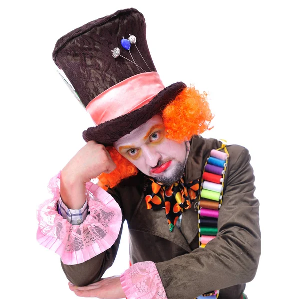Mad hatter's different facial emotions. Close-up portrait of smiling and fooling around animator in various theater roles. Emotional and colorful. Sadly thinking — Stock Photo, Image