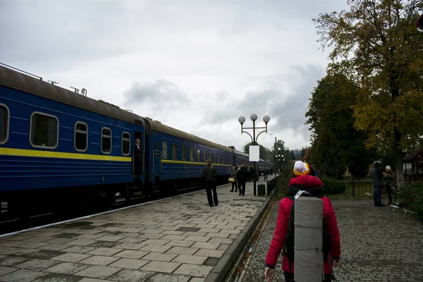 Dağların köprüsüne bakın. Koyu yeşil yamaçlarda ve Karpatyalılar tepeleri. Dağların güzel manzarası. Sabah erkenden. Karla kaplı dağ üstleri. Sisli sabah. Tren. — Stok fotoğraf