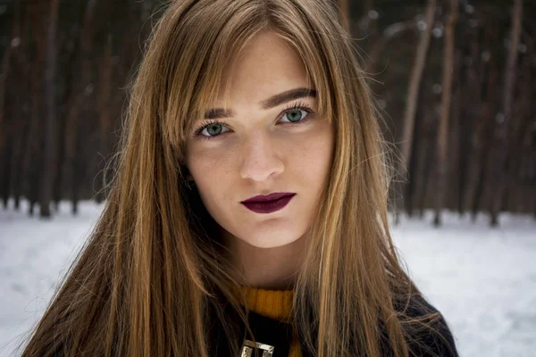 눈 덮인 숲에서 아름 다운 소녀입니다. 긴 머리와 금발입니다. 미소 — 스톡 사진