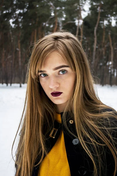 Menina bonita em uma floresta nevada. Loira com cabelo comprido. Sorrindo. — Fotografia de Stock