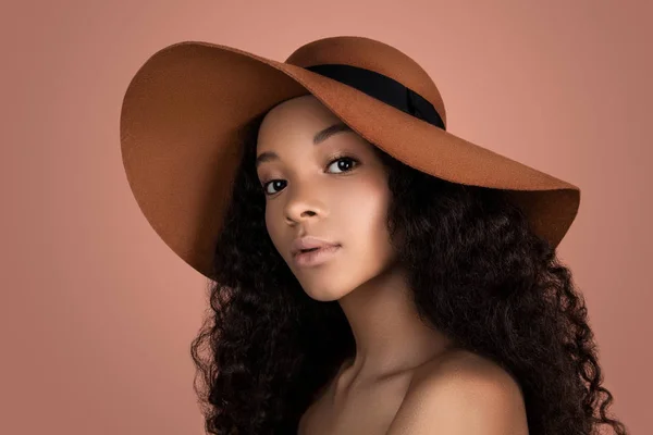 Güzel Afro-Amerikalı genç kız. Kahverengi arka plan. Koyu kıvırcık saçlı. Moda, güzellik, makyaj, saç stili, kişisel bakım, güzellik salonu, kozmetik. Moda, güzellik. Güzel siyah kadın portresi