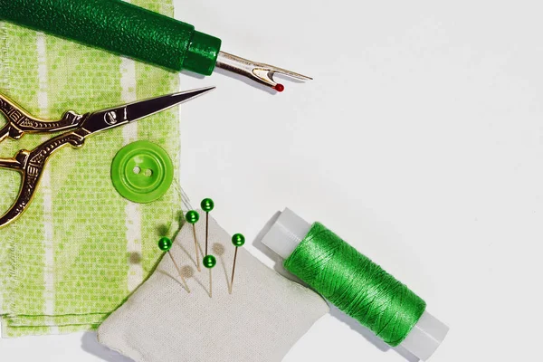 Sewing handicraft concept in shades of green — Stock Photo, Image
