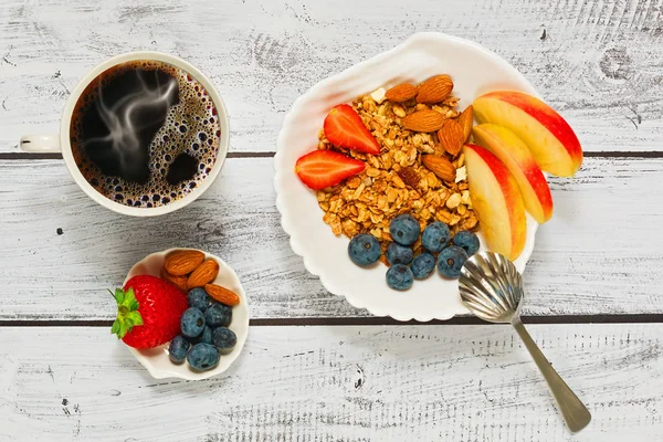 Café da manhã granola saudável com vista superior de café — Fotografia de Stock
