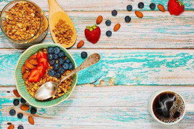 Sağlıklı granola kahvaltı kavram Üstten Görünüm