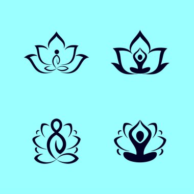 Yoga, nilüfer pozisyonu meditasyon, uyum. Mavi arka planı olan yoga simgelerinin vektör kümesi