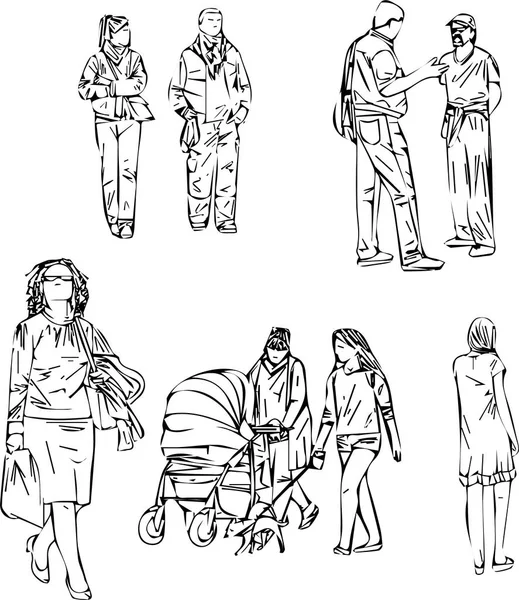 illustration abstract sketch of walking people in line on white background