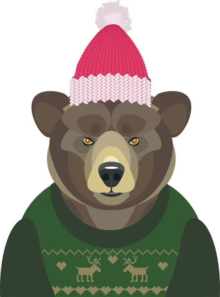 Ilustração vetorial de urso de Natal em suéter e chapéu sobre fundo branco . — Vetor de Stock