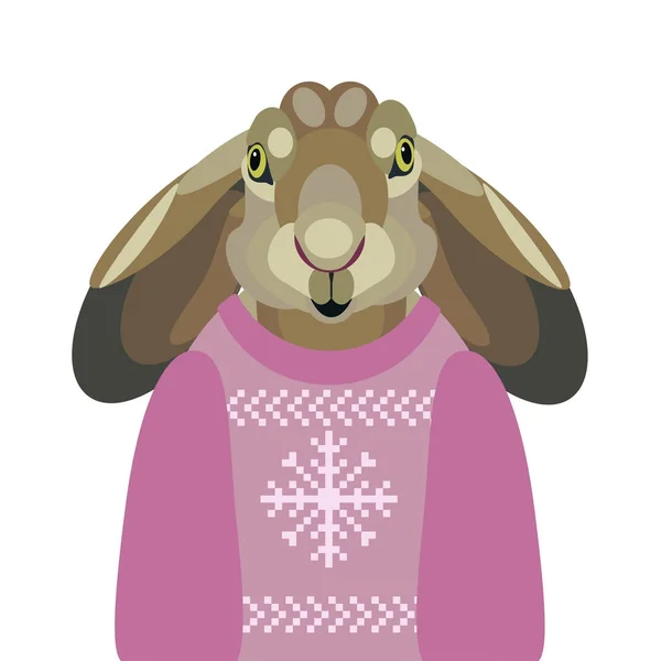 Illustrazione vettoriale natalizia di una simpatica lepre germinale in maglione su sfondo bianco — Vettoriale Stock