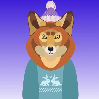 bir kazak ve şapka arka plan üzerinde şirin bir tilki vektör çizim